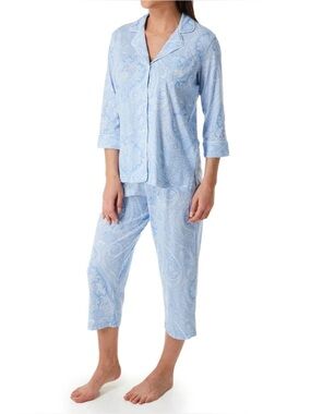 Lauren Ralph Lauren Paisley Pajama small blue 3/4 Sleeve Button Front Capri